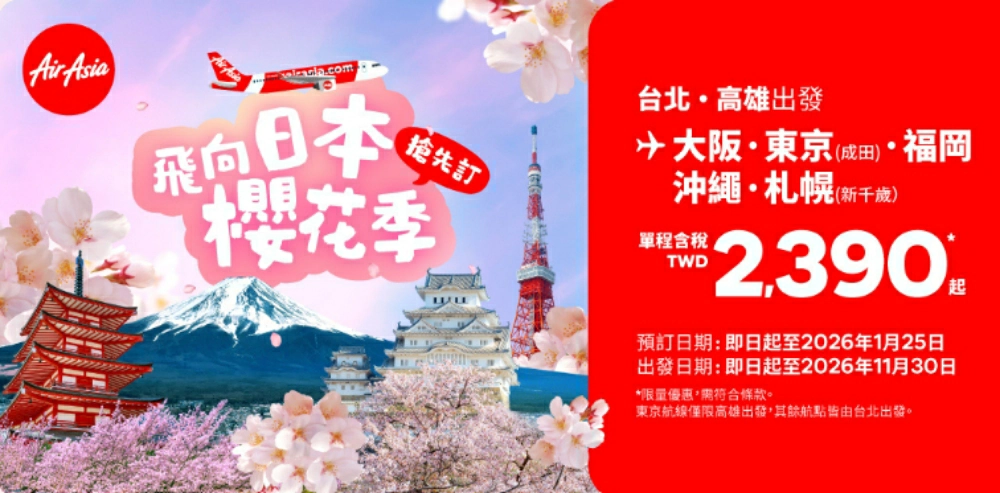 亞洲航空日本機票優惠，台灣出發日本全航線單程含稅 2,390 元起